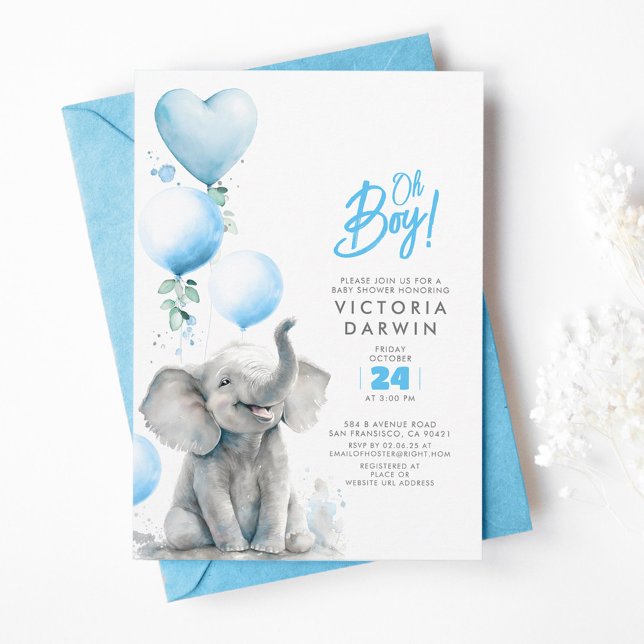 Baby Elephant Blue and Grey Cute Boy Baby Shower Invitation (Cute Blue and Grey Little Elephant Baby Shower Invitations)