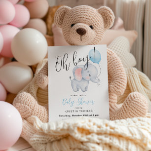 Baby Elephant & Blue Balloon Baby Shower Invitation