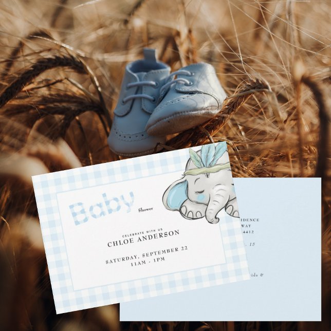 Baby Elephant Blue Gingham Baby Shower Invitation (Creator Uploaded)