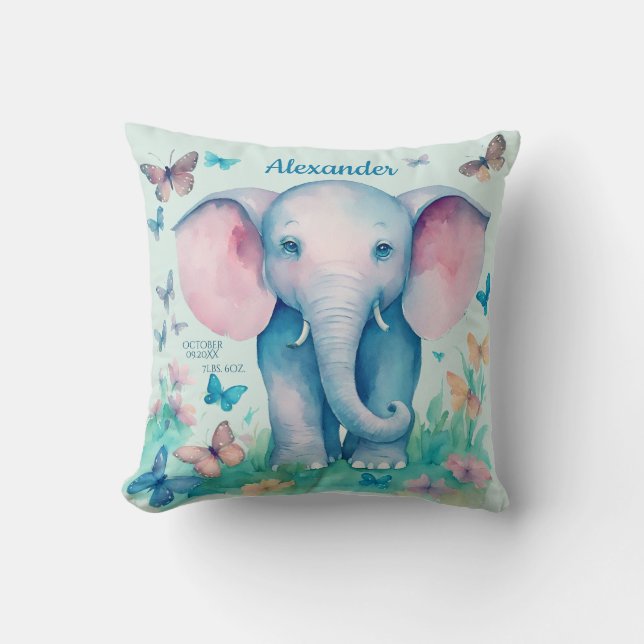 Baby Elephant Blue Personalised Birth Date Time Cushion (Front)