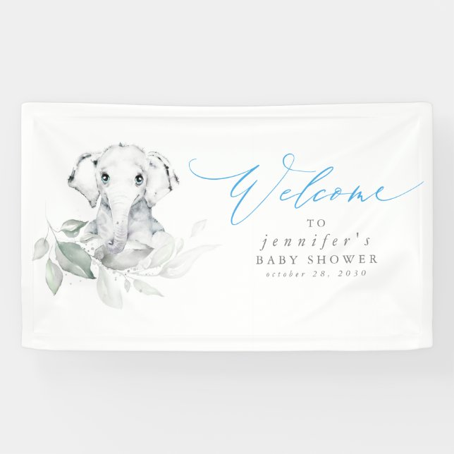Baby Elephant Blue Sage Baby Shower Welcome Banner (Horizontal)