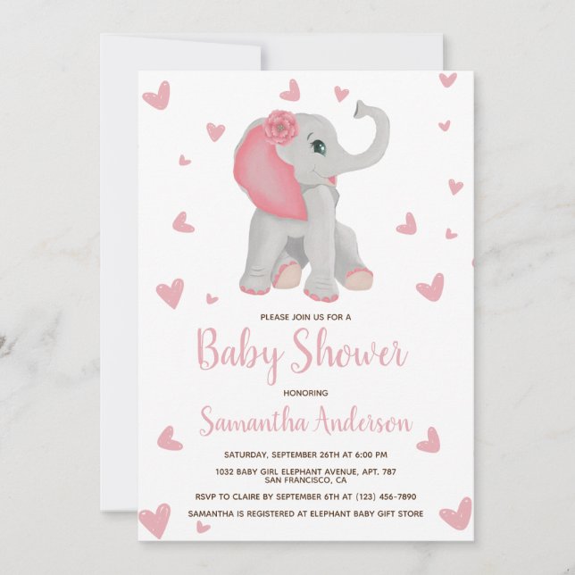 Baby Elephant Blush Pink Floral Baby Shower Photo  Invitation (Front)
