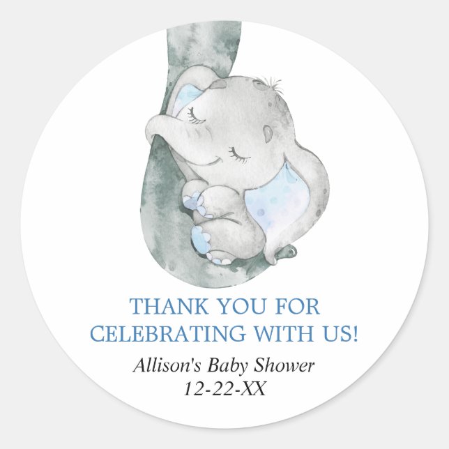 Baby elephant boy blue favour stickers (Front)