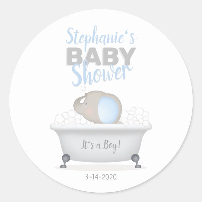 Baby Elephant Bubble Bath Boy Baby Shower Classic Round Sticker (Front)