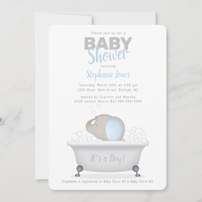 Baby Elephant Bubble Bath Boy Baby Shower Invitation (Front)
