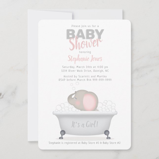 Baby Elephant Bubble Bath Girl Baby Shower Invitation (Front)