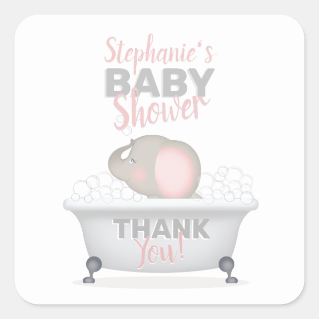 Baby Elephant Bubble Bath Girl Baby Shower Square Sticker (Front)