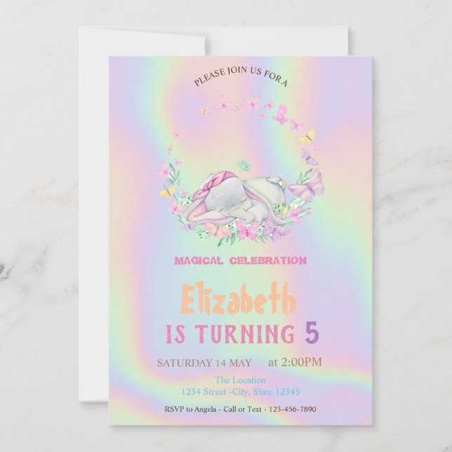Baby Elephant Butterflies Holographic Birthday Invitation (Front)
