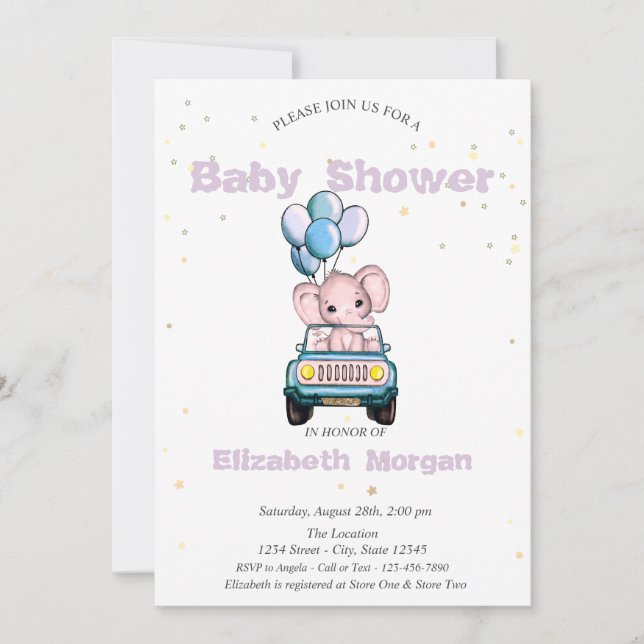 Baby Elephant,Car,Stars Baby Shower  Invitation (Front)