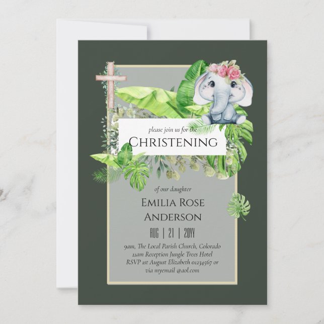 Baby Elephant CHRISTENING Invite for Girls Jungle (Front)