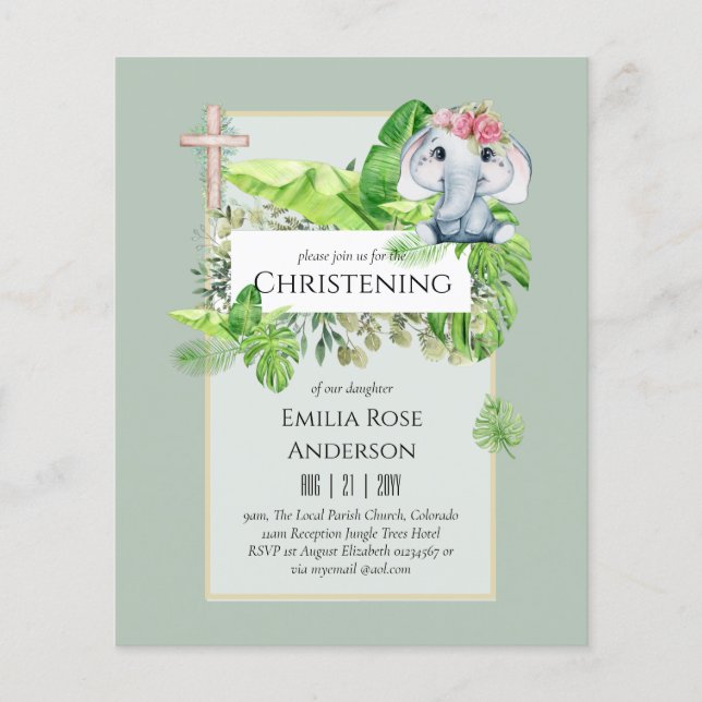 Baby Elephant CHRISTENING Invite for Girls Jungle Flyer (Front)