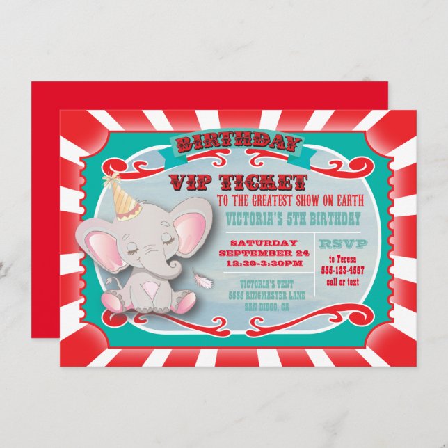 Baby Elephant Circus Ticket Birthday Invitation (Front/Back)