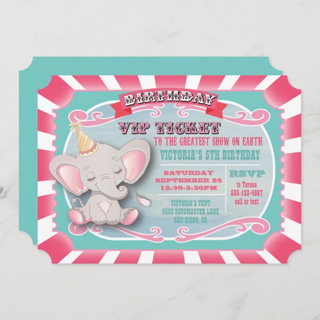 Baby Elephant Circus Ticket Birthday Invitation (Front/Back)
