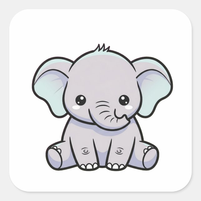 Baby Elephant – Cute Kawaii Illustration Square Sticker (Front)