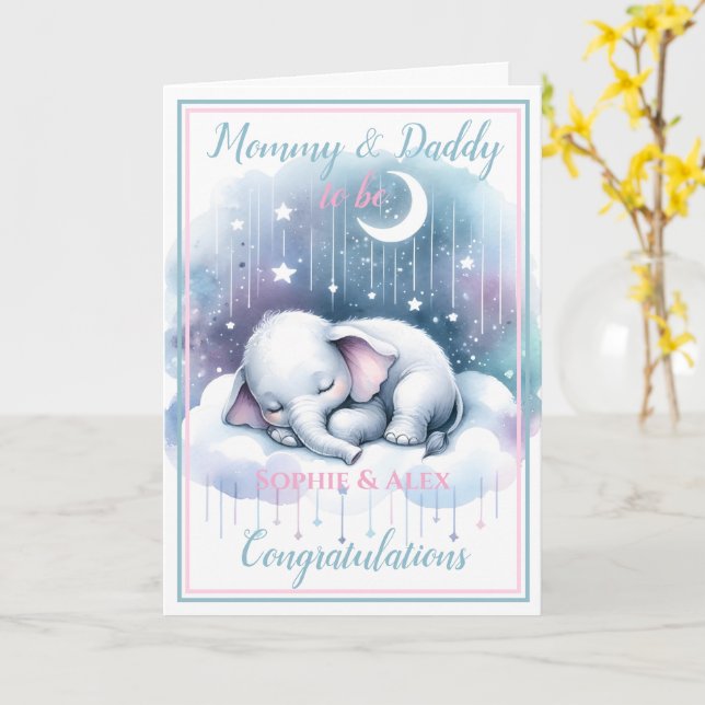 Baby Elephant Expecting Mummy & Daddy to be  Card (Yellow Flower)