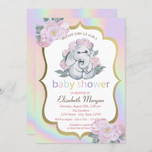 Baby Elephant,Floral,Holographic Baby Shower  Invitation