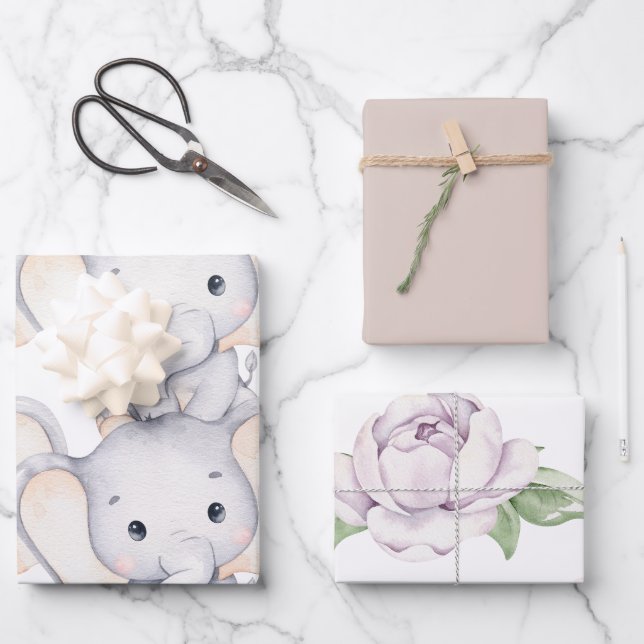 Baby Elephant & Flower Wrapping Paper Sheets (Front)