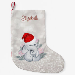 Baby Elephant Flowers, Santa Hat ,Glittery Bokeh Small Christmas Stocking