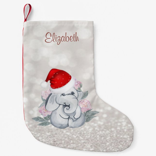 Baby Elephant Flowers, Santa Hat ,Glittery Bokeh Small Christmas Stocking (Front)