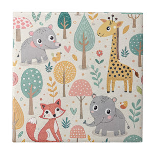 Baby Elephant, Fox & Giraffe Cute Cartoon Animals Ceramic Tile