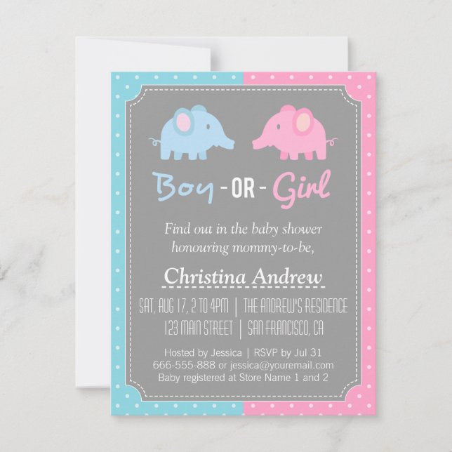Baby Elephant Gender Reveal Baby Shower Party Invitation (Front)