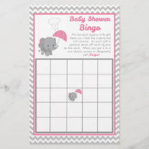 Baby Elephant Girl Baby Shower Game Bingo Card