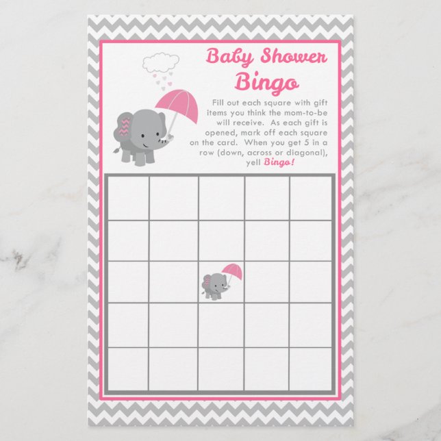 Baby Elephant Girl Baby Shower Game Bingo Card (Front)
