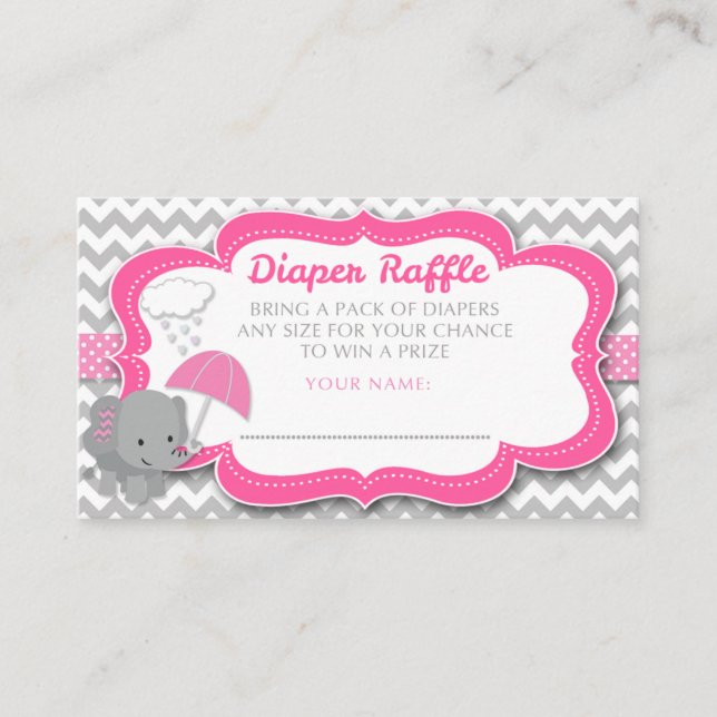 Baby Elephant Girl Baby Shower Pink Diaper Raffle Enclosure Card (Front)