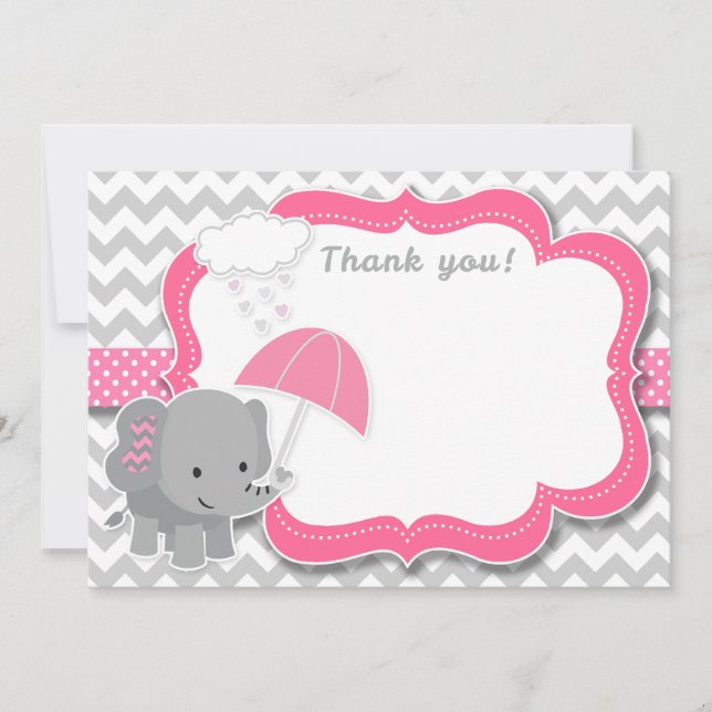Baby Elephant Girl Baby Shower Pink Thank You Card (Front)