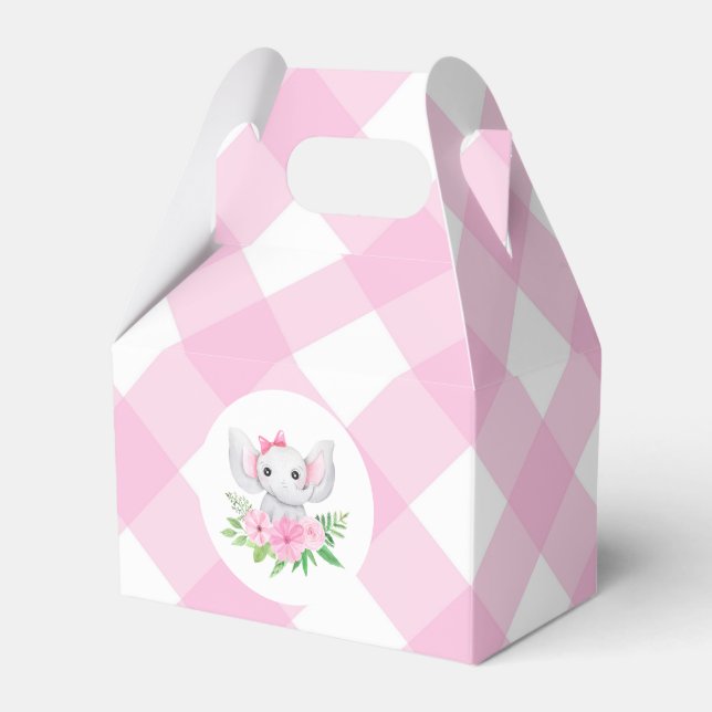 Baby Elephant Girl Favour Box Pink Gingham (Front Side)