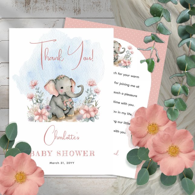 Baby Elephant Girl Floral Pink Baby Shower  Thank You Card (Creator Uploaded)