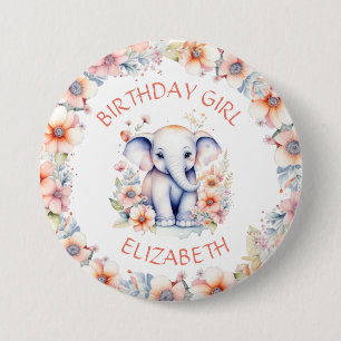 Baby Elephant Girl's Birthday Party Personalised 7.5 Cm Round Badge
