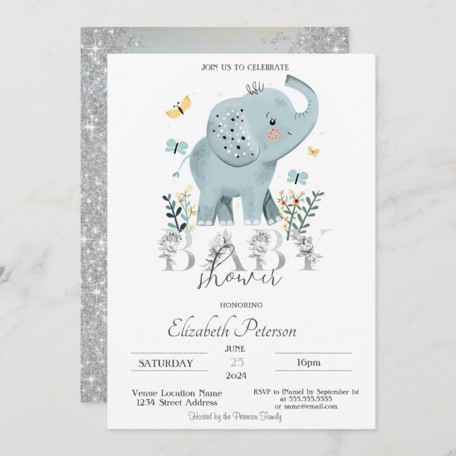 Baby Elephant Glitter Silver Baby Shower Invitation (Front/Back)