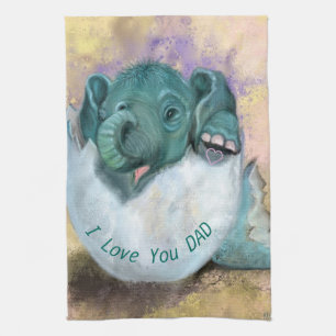 Baby Elephant Hatching From Egg - I Love You DAD Tea Towel