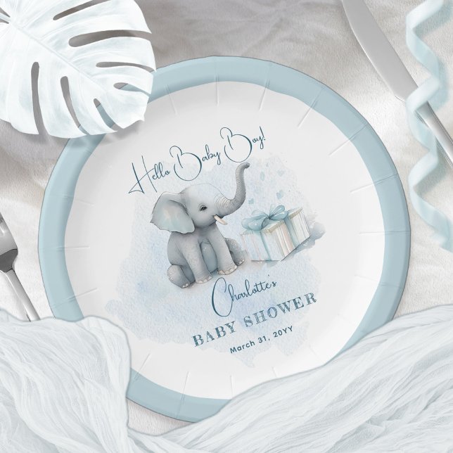 Baby Elephant Hello Baby Boy Blue Baby Shower  Paper Plate (Creator Uploaded)