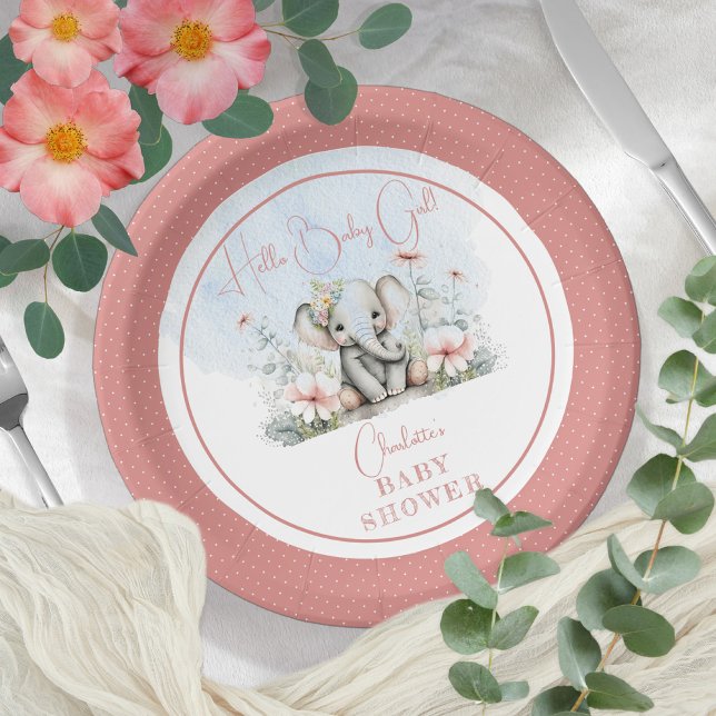 Baby Elephant Hello Baby Girl Floral Baby Shower Paper Plate (Creator Uploaded)