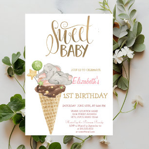 Baby Elephant Ice Cream Striped Birthday  Invitation