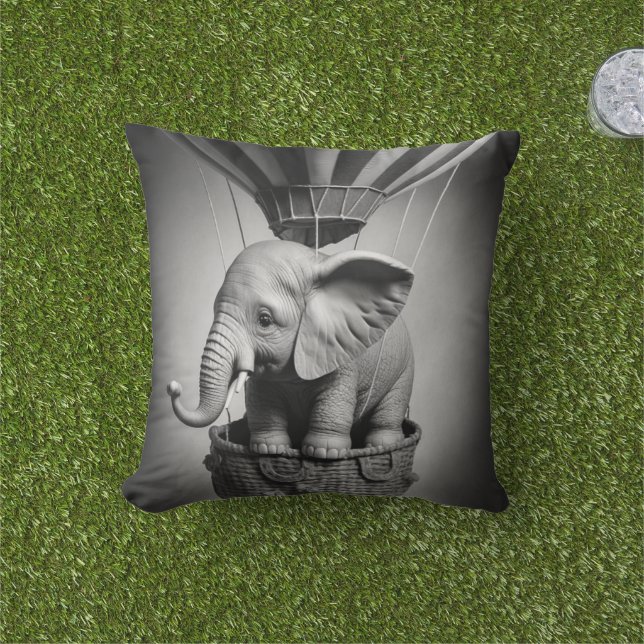 Baby Elephant in a Hot Air Balloon Cushion (Grass)