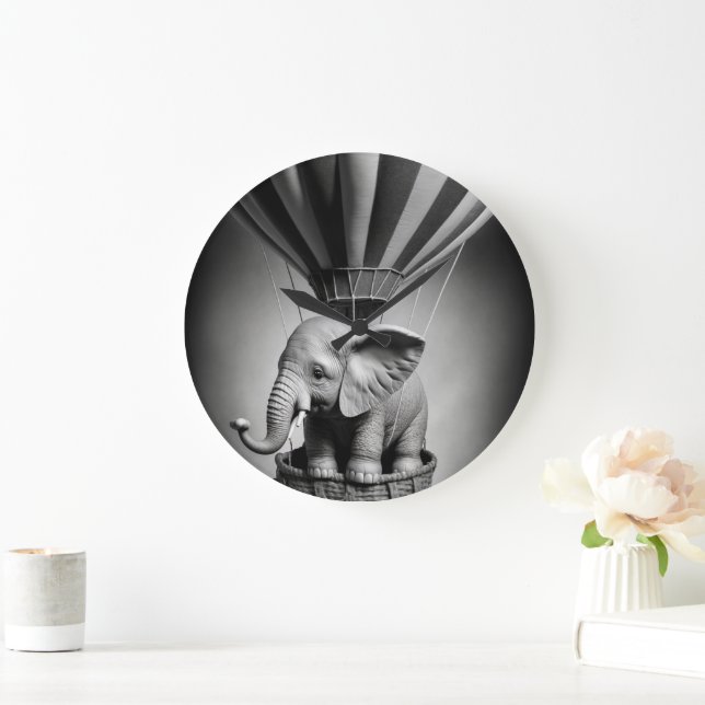 Baby Elephant in a Hot Air Balloon Large Clock (Home)