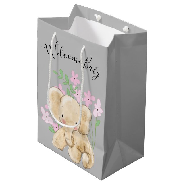 Baby Elephant In Flowers Medium Gift Bag (Front Angled)