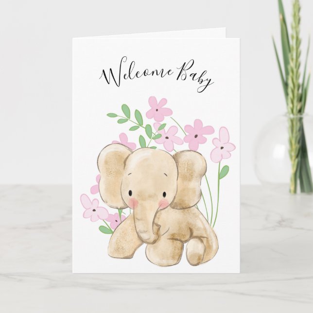 Baby Elephant In Flowers Newborn Card (Front)