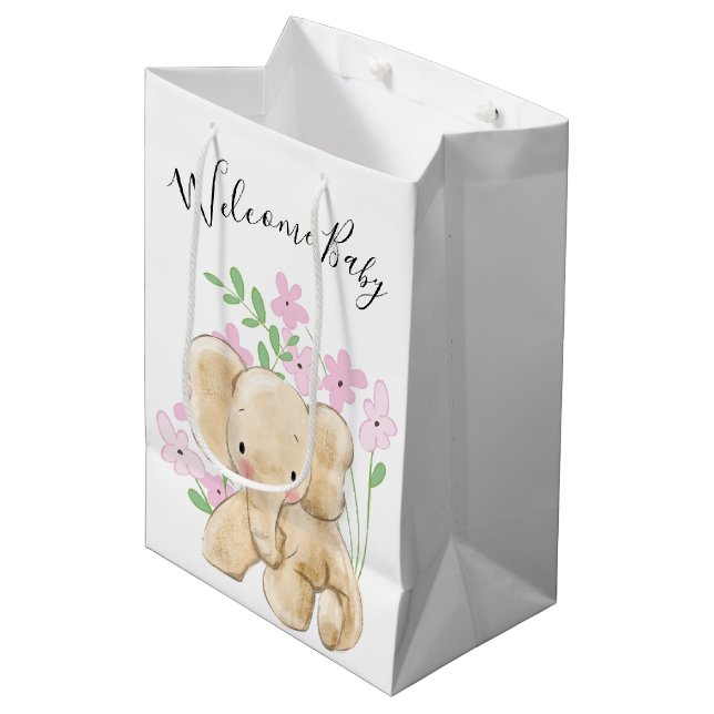 Baby Elephant In Flowers on White Medium Gift Bag (Front Angled)