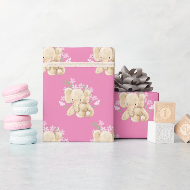 Baby Elephant In Flowers Wrapping Paper (Baby Shower)