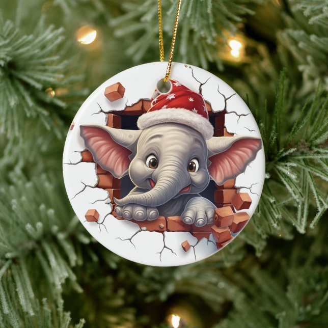 Baby Elephant in Santa Hat - 3D Ceramic Ornament (Tree)