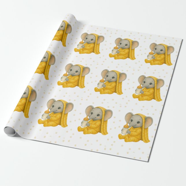Baby Elephant in Yellow Pyjamas Baby Shower Wrapping Paper (Unrolled)