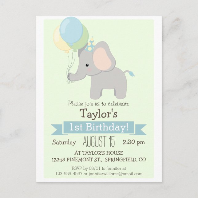 Baby Elephant Kid's Birthday Party Invitation (Front)