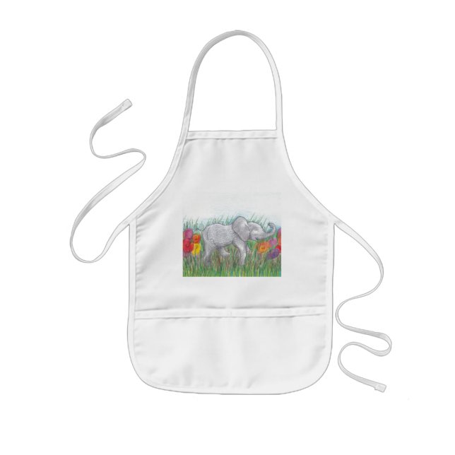 Baby elephant marching in flowers cartoon drawing kids apron (Front)