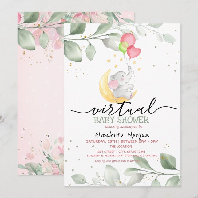 Baby Elephant Moon Balloons Virtual Baby Shower Invitation (Front/Back)