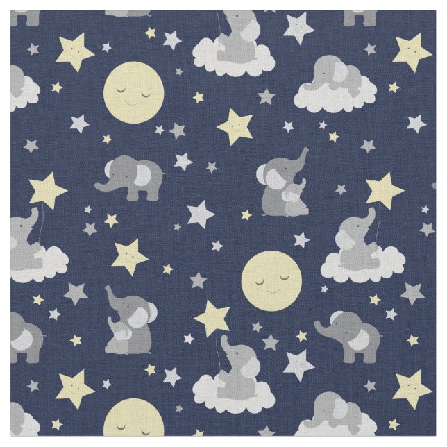Baby Elephant Navy Grey Moon Sweet Dreams  Fabric (Close Up)