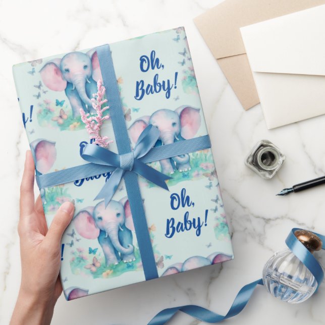 Baby Elephant Oh Baby Boy Baby Shower Wrapping Paper (Gifting)